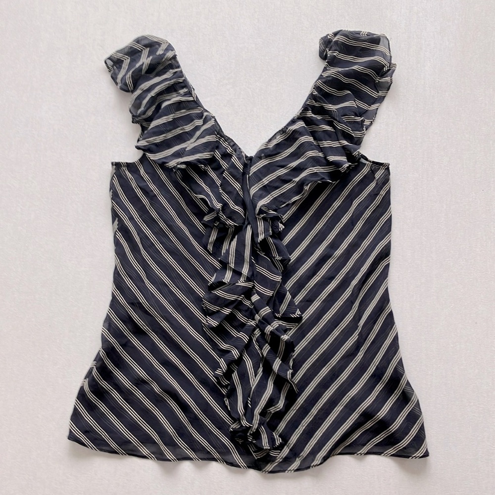 🍄Lauren by Ralph Lauren Striped Ruffle Neck Silk Top (L)